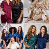 Couple Pajama Sets Silk Satin Sleepwear Short Sleeve and Long Pants Pjs Set Soft Loungewear Classic Pajamas