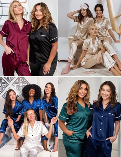 Couple Pajama Sets Silk Satin Sleepwear Short Sleeve and Long Pants Pjs Set Soft Loungewear Classic Pajamas