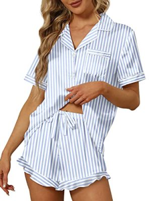 Satin Silk Pajamas for Women 2Pcs Ruffle Notch Collar Sleepwear Button Down Short Sleeve Shorts Pjs Set Loungewear