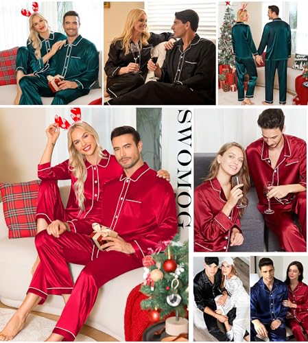 Couples Satin Pajamas Set Women & Men 2PCS Pjs Long Sleeve & Pants Sleepwear Button-Down Loungewear with Pockets
