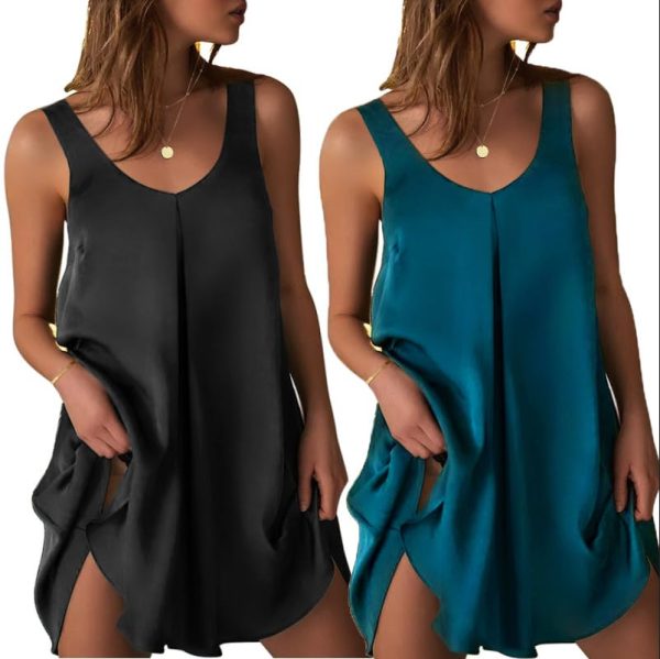 Women's 2 Pack Satin Silk Nightgown Sleeveless Sleep Dress V Neck Nightshirt Soft Tank Pleated Nightdress