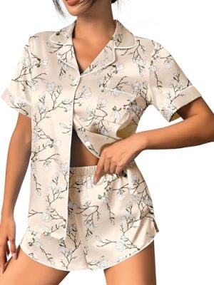 Womens Silk Satin Pajama Set Print Short Sleeve Sleepwear Button Down Pjs Shorts Set Loungewear