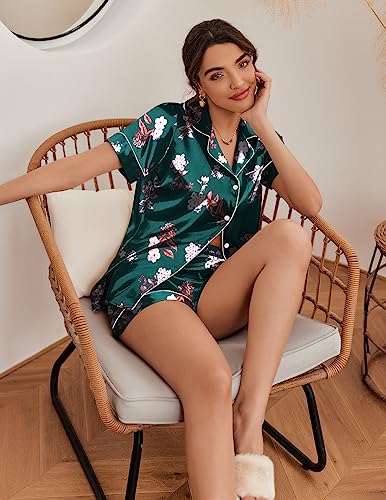 Womens Silk Satin Pajama Sets Soft Short Sleeve Button Down Sleepwear Top and Shorts 2 Piece Pjs Lounge Set S-XXL