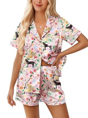 Womens Silk Pajama Sets Button Up Satin Pjs Short Sleeve 2 Piece Pj Sets Cute Lounge Sets with Chest Pocket