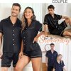 Couples Pajamas Women &Men Silky Satin Sleepwear Short Sleeve Button Down Pj Set Loungewear