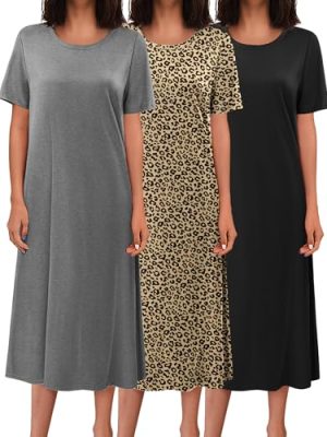 3 Pack Long Nightgowns for Women Full Length Short Sleeve Nightshirt Soft Plus Size Sleepwear Casual Loungwear