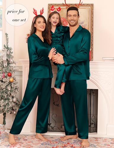 Matching Family Pajamas Set Women & Men & Kids Silk Satin Pjs 2 Pcs Long Sleeve Button Down Sleepwear with 2 Pockets