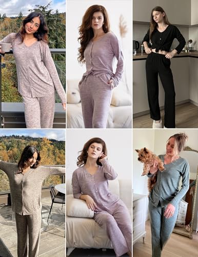 Womens Pajama Sets Button Up Long Sleeve Pjs Soft Lounge Set 2 Piece Sleepwear with Pockets