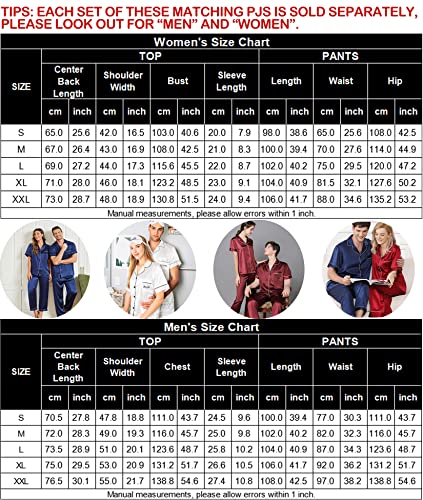 Couples Pajamas Sets Women & Men Satin Short Sleeve Sleepwear Button Down Loungewear Pjs Set with Long Pants
