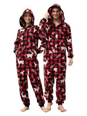 Couple Onesie Pajama Sets, Hooded Zipper Christmas Matching Plaid Pjs Set for Men and Women Soft Warm Jumpsuit